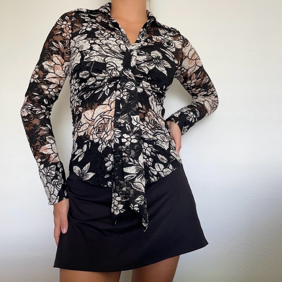 VTG y2k Heart Moon Star Long-Sleeve Mesh Lace Button-Up MEDIUM - Picture 2 of 11